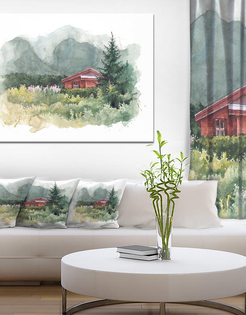 DesignQ Watercolor House Aad Mountains - Landscape Wall Artwork