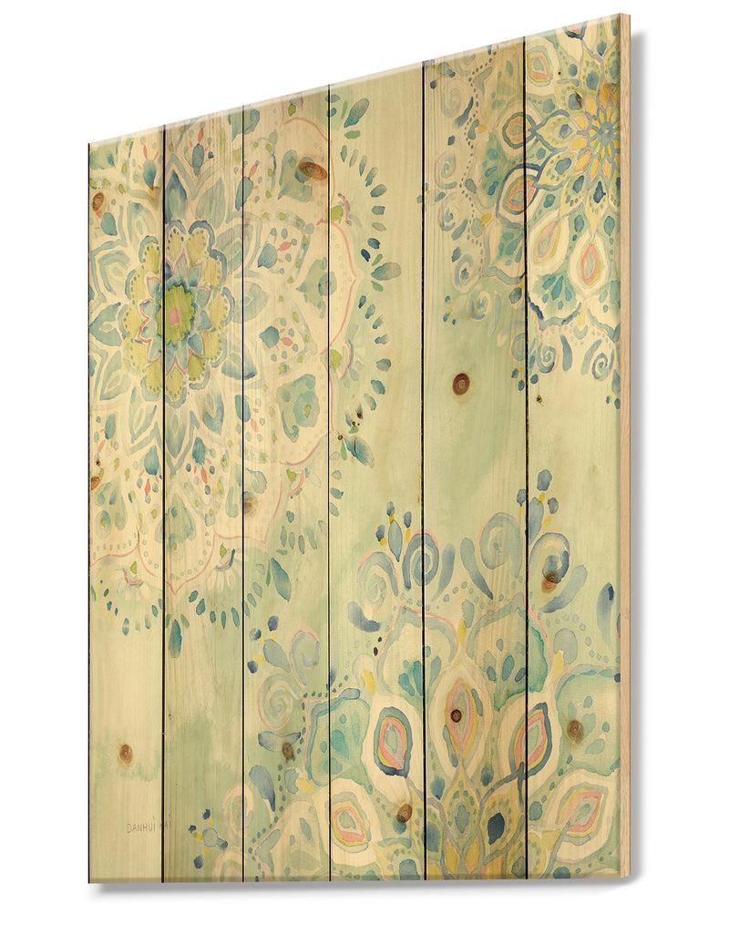 DesignQ Watercolor Mandalas III - Floral & Botanical Print On Natural Pine Wood