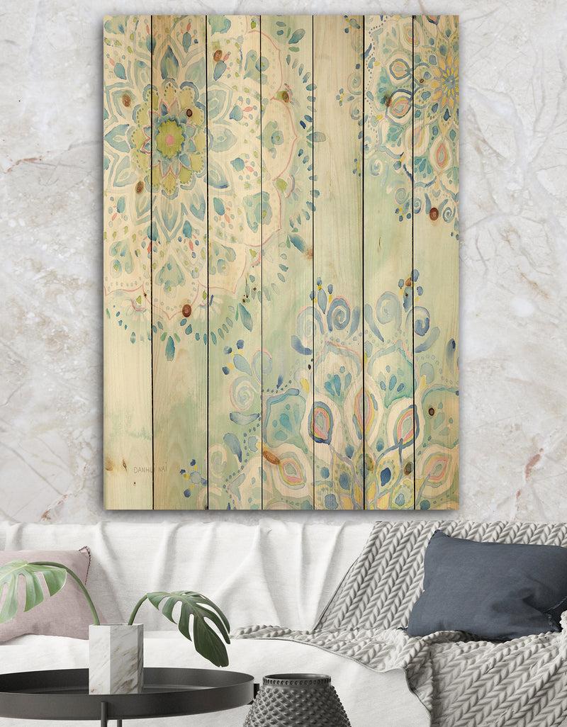 DesignQ Watercolor mandalas III - Floral & Botanical Print on Natural Pine Wood