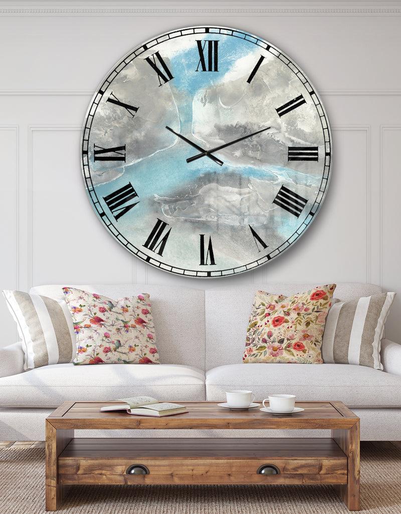 DesignQ Watercolor Minimal Blue Tones II - Mid-Century Modern Large Wall CLock