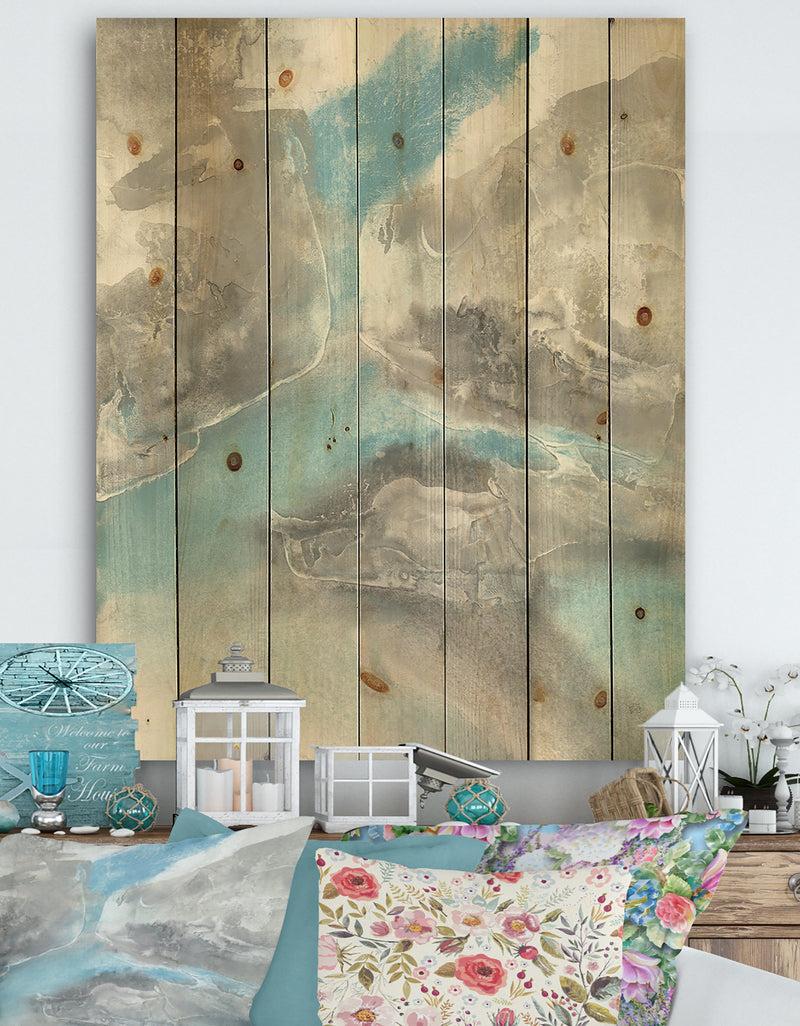 DesignQ Watercolor Minimal Blue Tones II - Mid-Century Modern Print on Natural Pine Wood