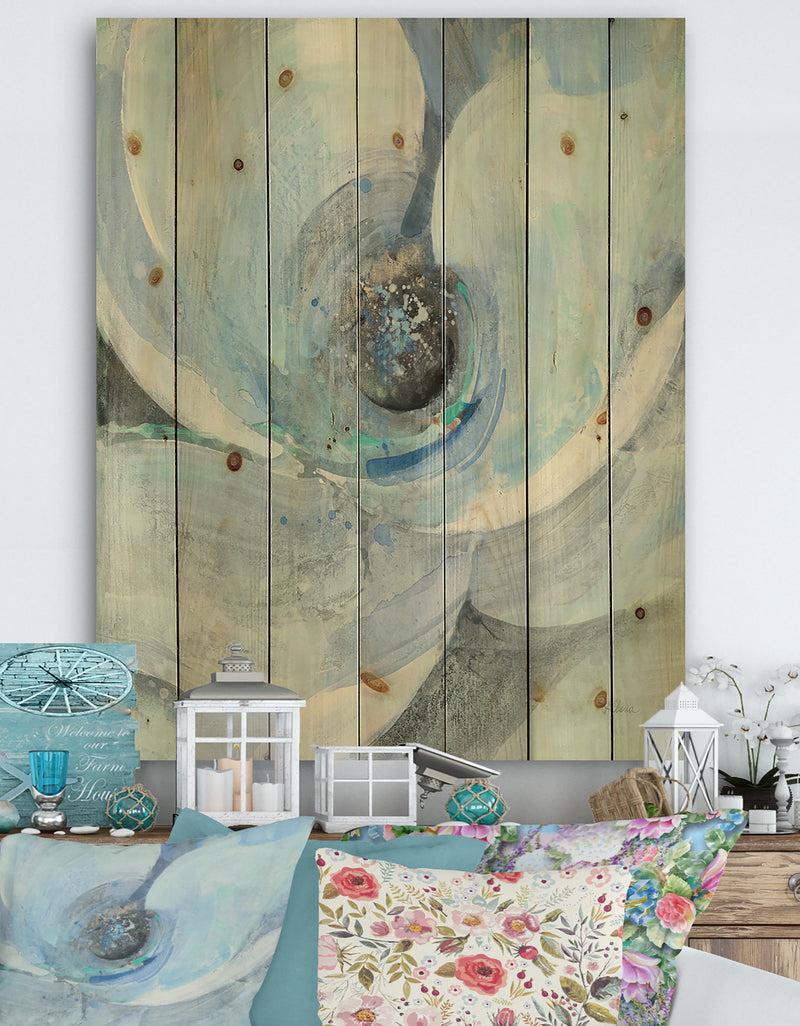 DesignQ Watercolor Moonlight Magnolia I - Farmhouse Print on Natural Pine Wood