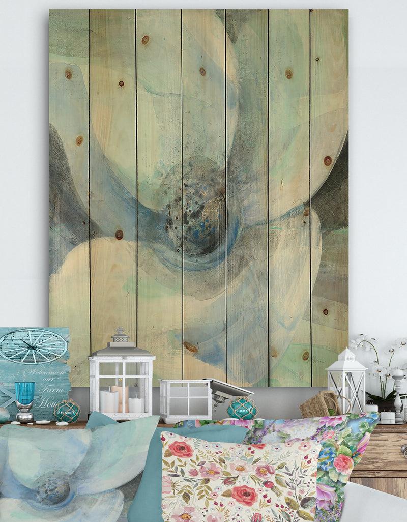 DesignQ Watercolor Moonlight Magnolia II - Farmhouse Print on Natural Pine Wood