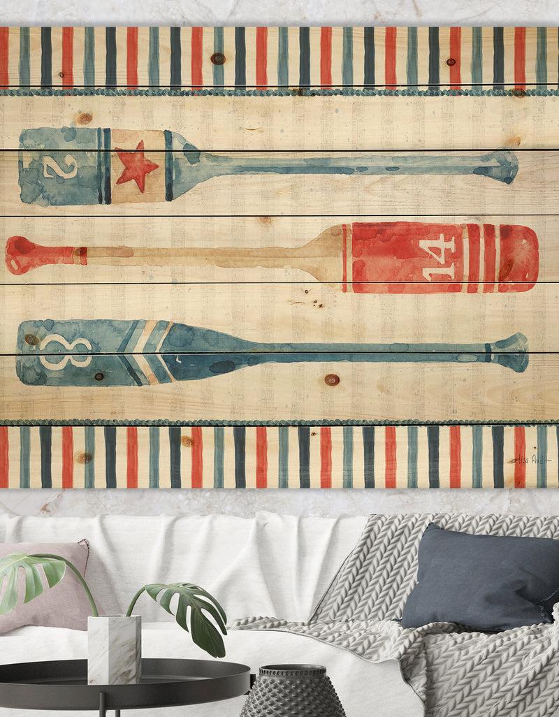 DesignQ Watercolor Nautical paddles - Nautical & Coastal Print on Natural Pine Wood