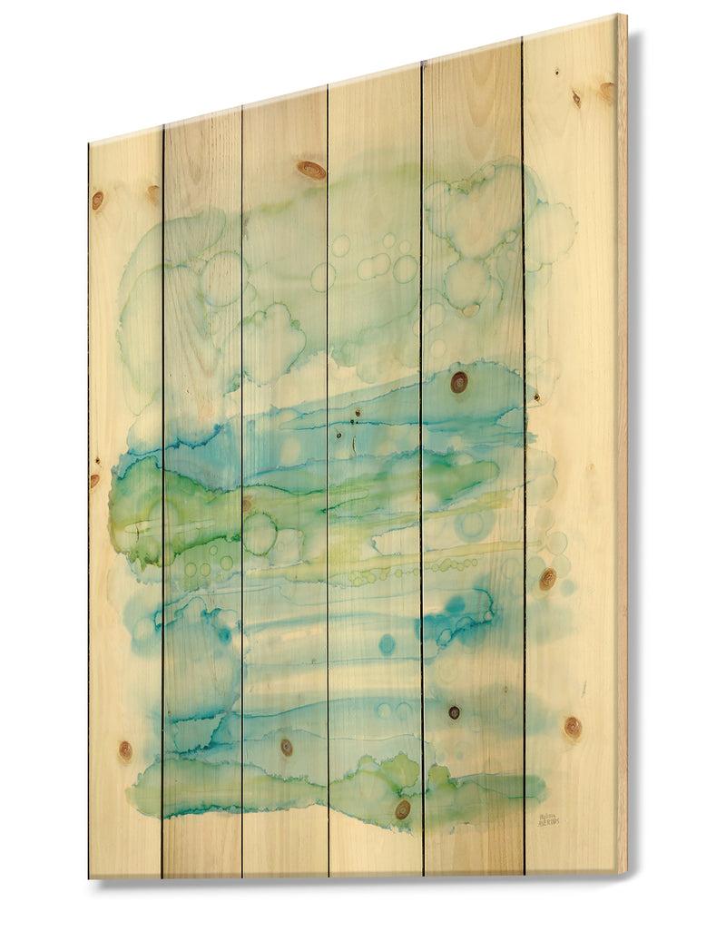 DesignQ Watercolor Of Abstract Blue And Green - Modern Print On Natural Pine Wood