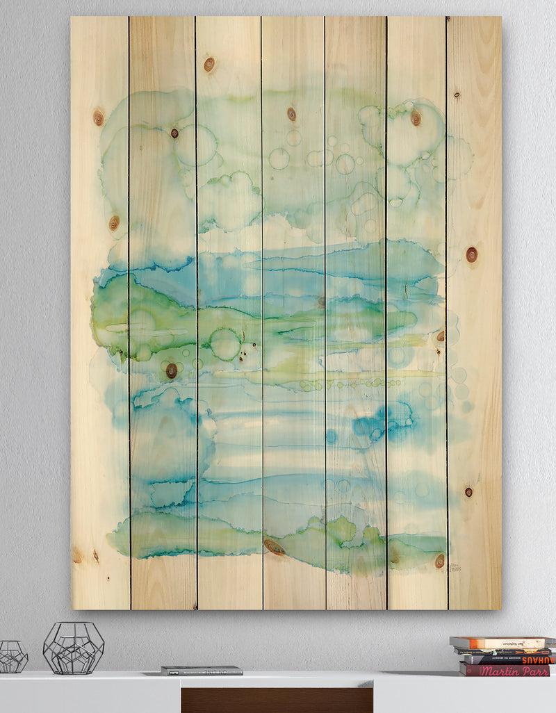 DesignQ Watercolor of Abstract Blue and Green - Modern Print on Natural Pine Wood