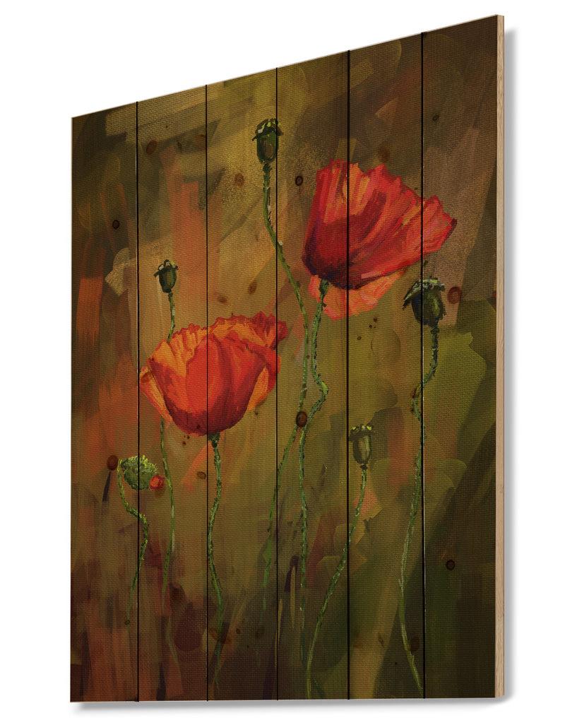 DesignQ Watercolor Poppy Flowers - Floral Art Print On Natural Pine Wood