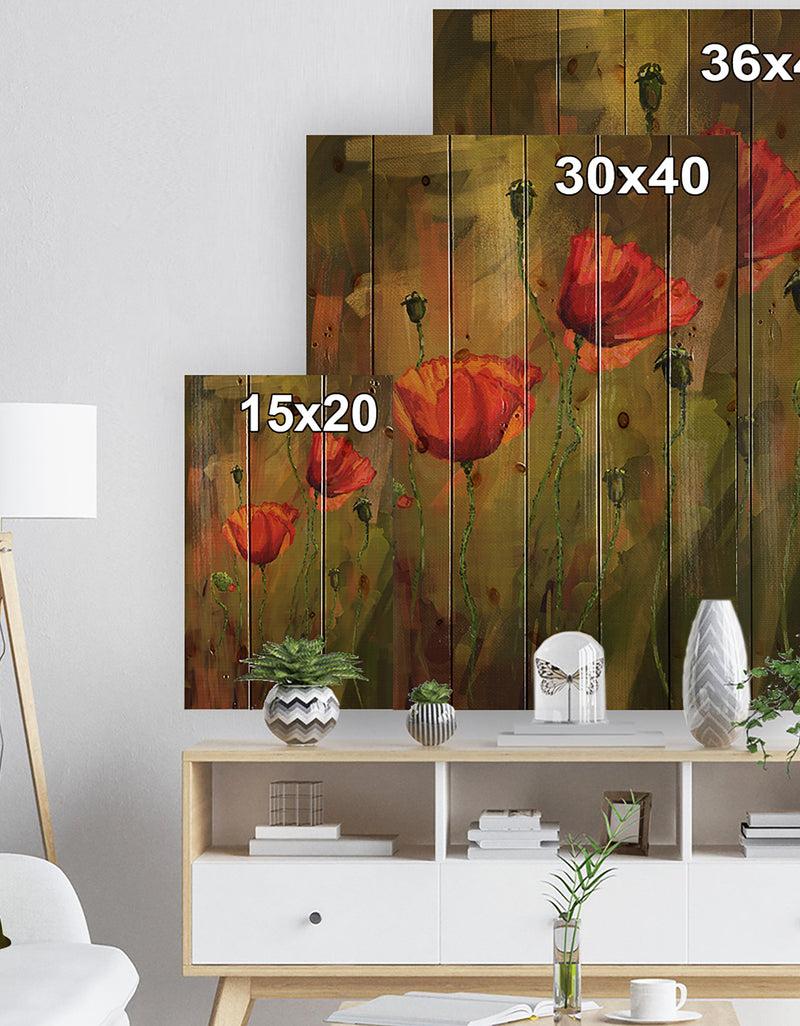 DesignQ Watercolor Poppy Flowers - Floral Art Print On Natural Pine Wood