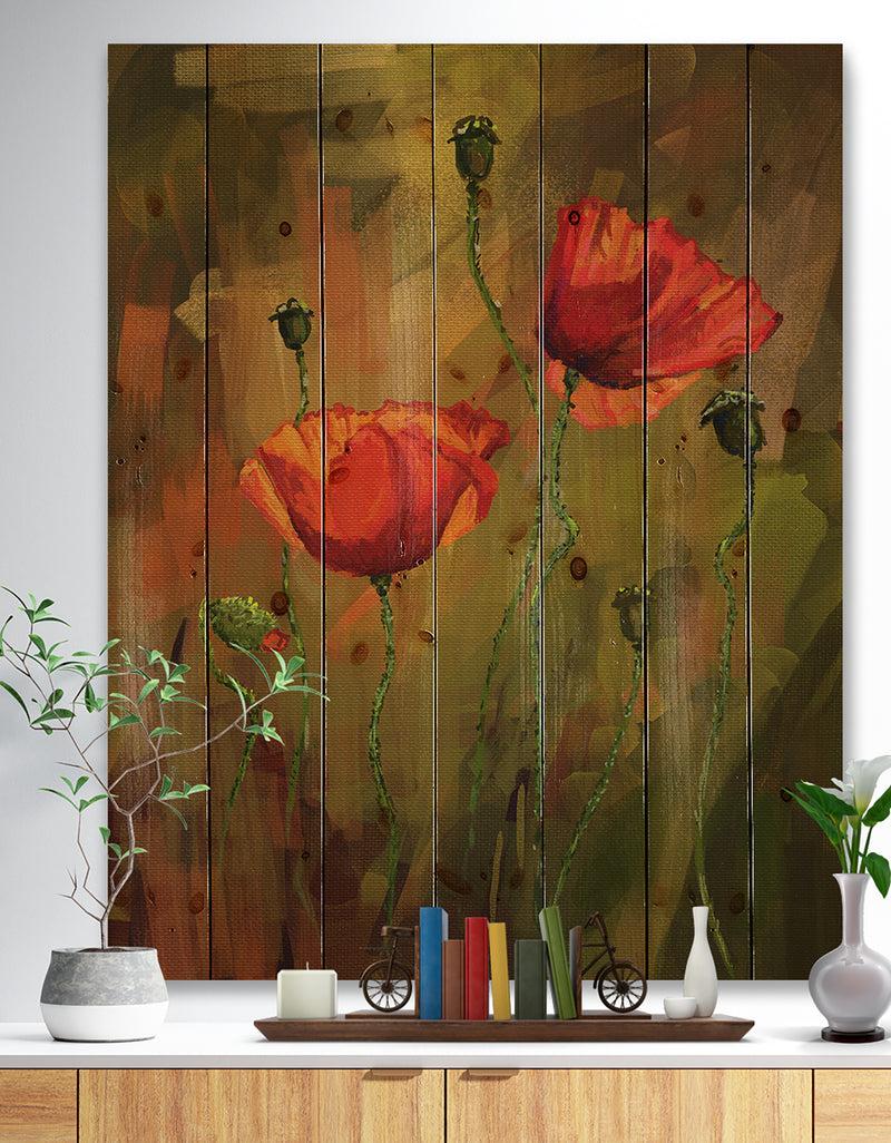 DesignQ Watercolor Poppy Flowers - Floral Art Print on Natural Pine Wood