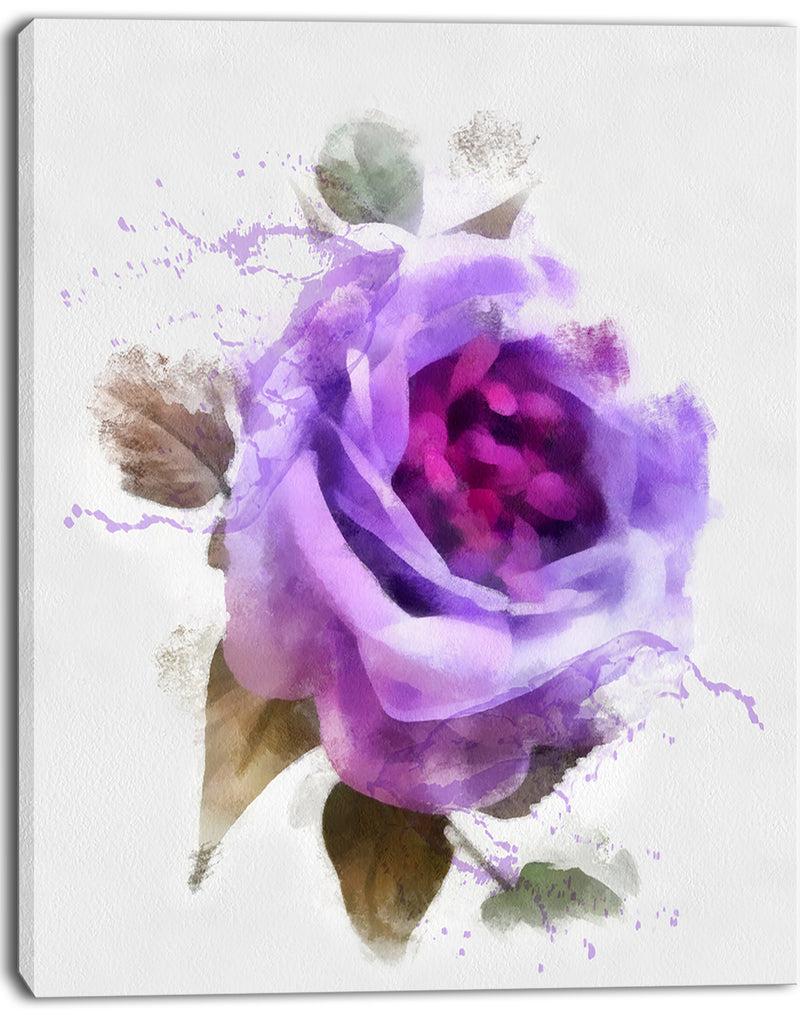 DesignQ Watercolor Purple Rose With Leaves - Floral Canvas Artwork Print