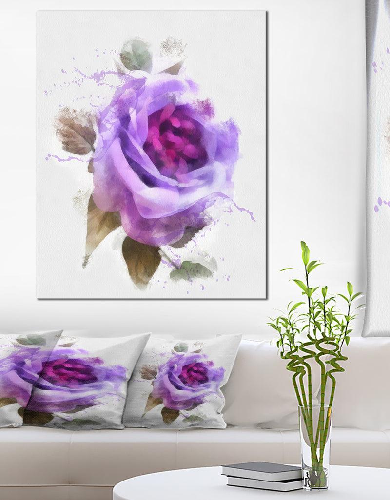 DesignQ Watercolor Purple Rose with Leaves - Floral Canvas Artwork Print