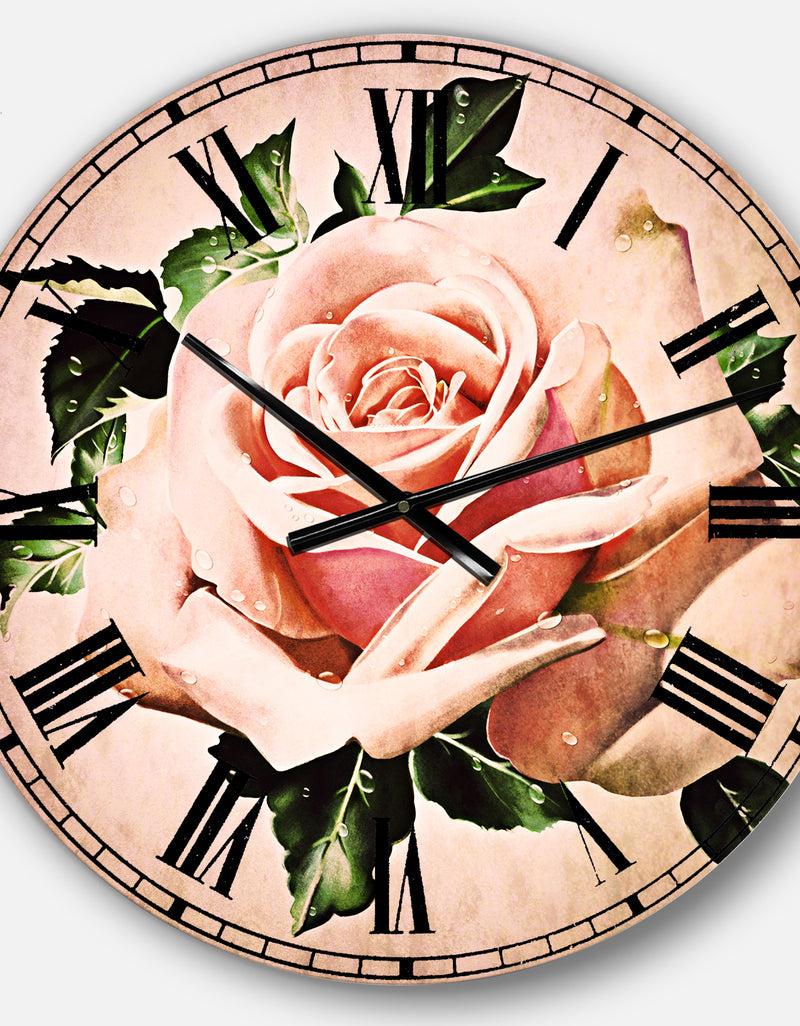 DesignQ Watercolor Rose With Green Leaves - Floral Wall CLock