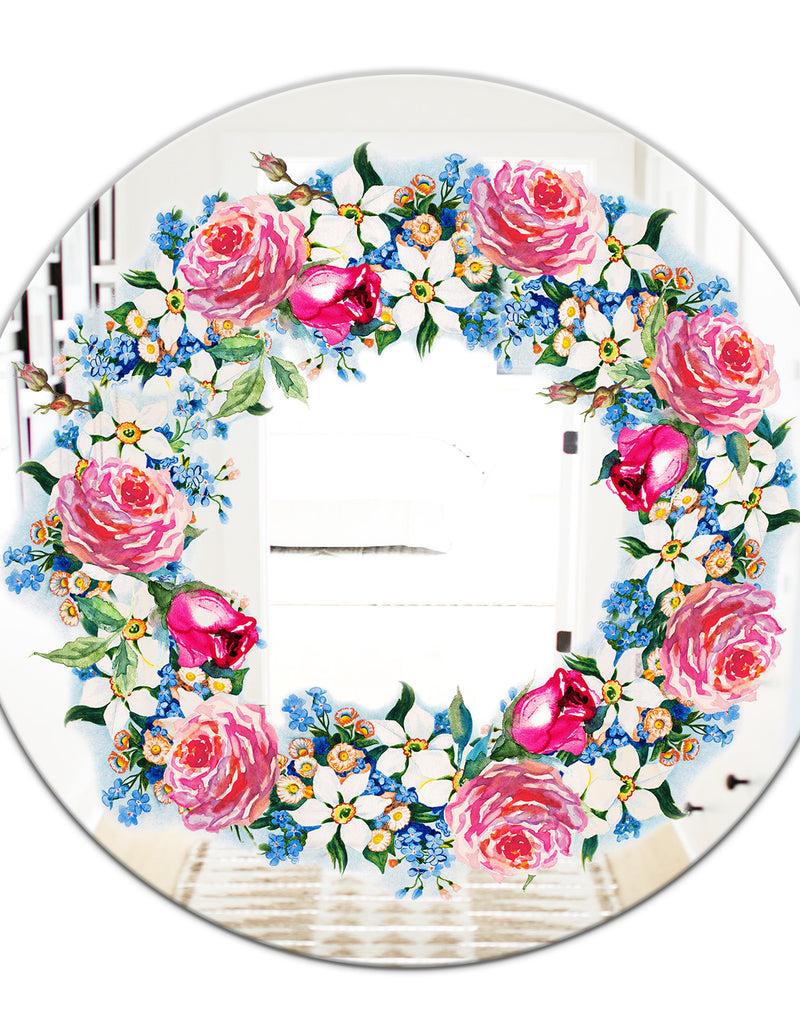 DesignQ Watercolor Roses - Cabin And Lodge Mirror - Oval Or Round Vanity Mirror
