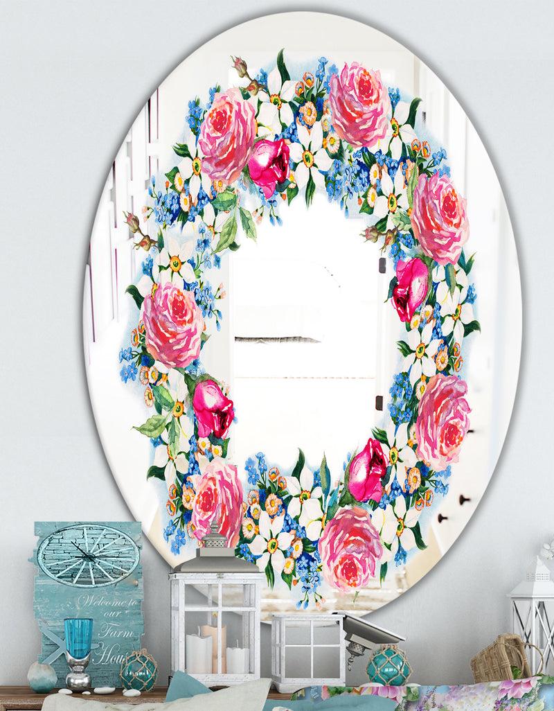 DesignQ Watercolor Roses - Cabin And Lodge Mirror - Oval Or Round Vanity Mirror