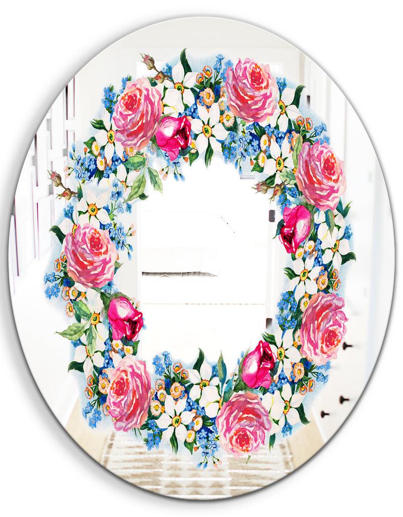 DesignQ Watercolor Roses - Cabin And Lodge Mirror - Oval Or Round Vanity Mirror