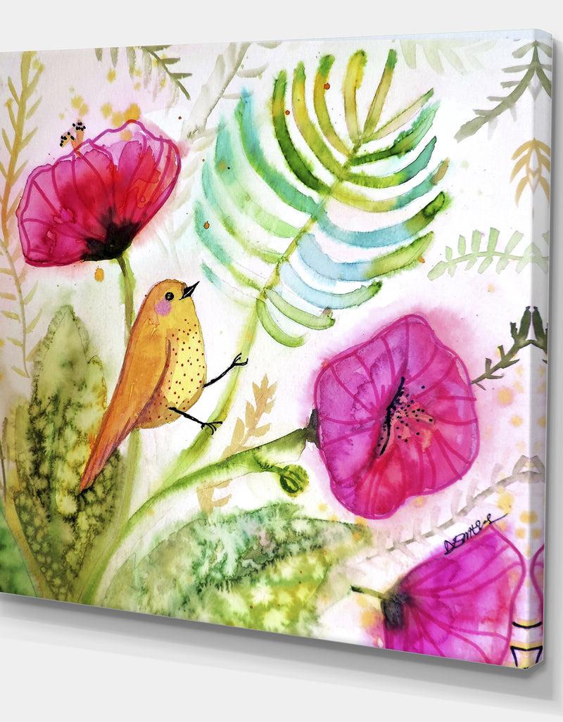 DesignQ Watercolor Singing Bird On Purple Flowers - Cottage Gallery-wrapped Canvas