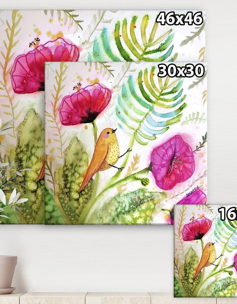 DesignQ Watercolor Singing Bird On Purple Flowers - Cottage Gallery-wrapped Canvas
