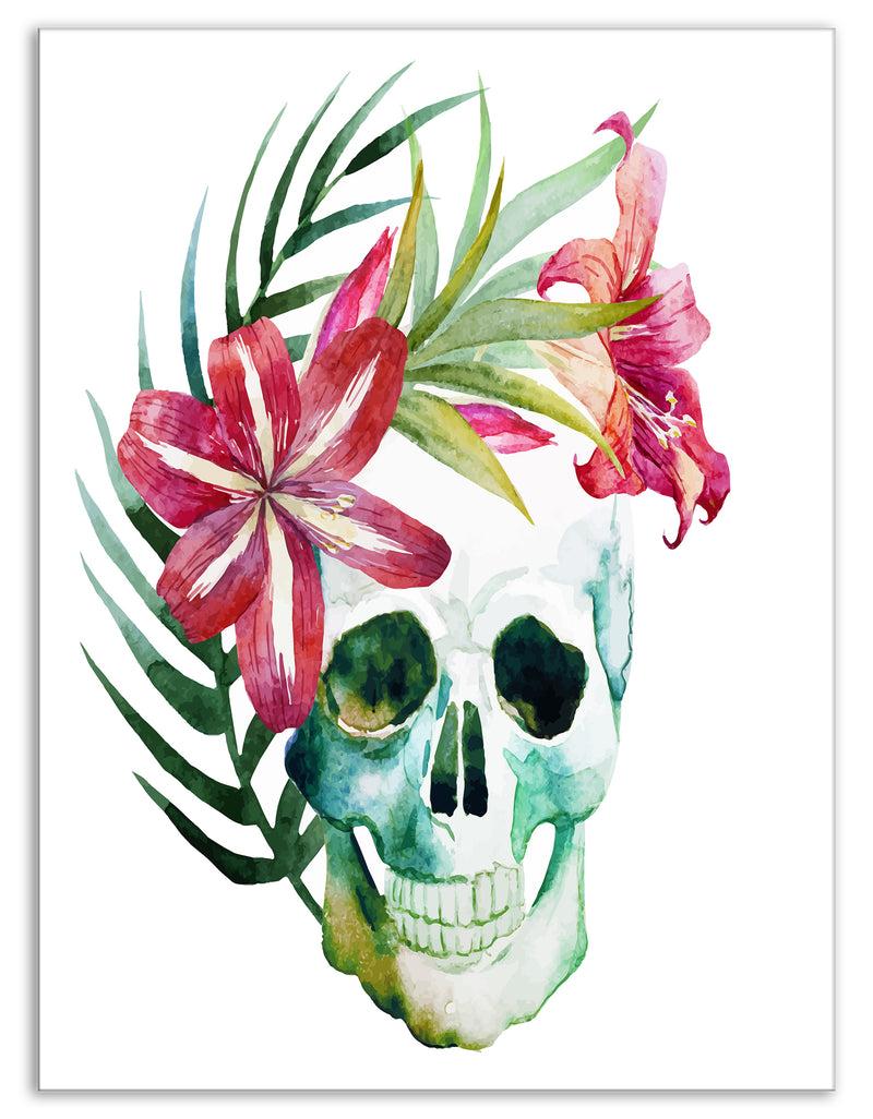 DesignQ Watercolor Skull With Flowers - Floral Canvas Art Print