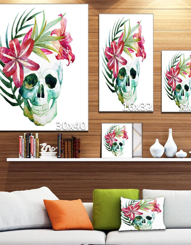 DesignQ Watercolor Skull With Flowers - Floral Canvas Art Print
