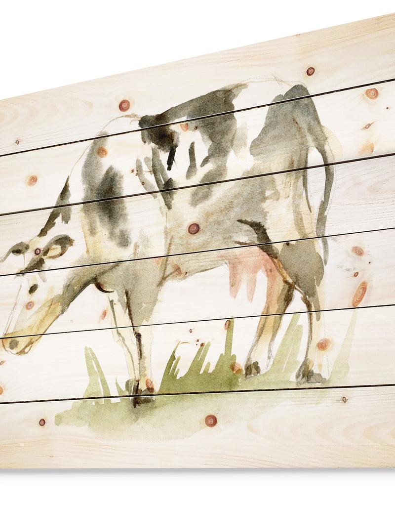 DesignQ Watercolor Spotted Cow - Farmhouse Sketch Painting Print On Natural Pine Wood