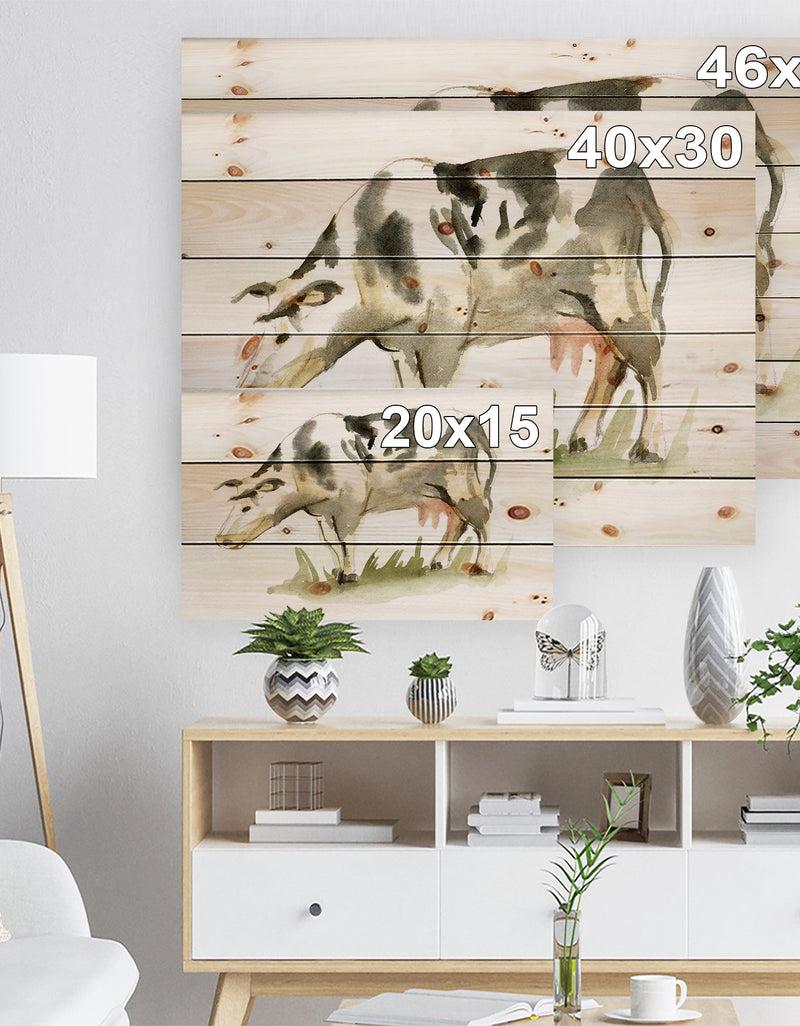 DesignQ Watercolor Spotted Cow - Farmhouse Sketch Painting Print On Natural Pine Wood