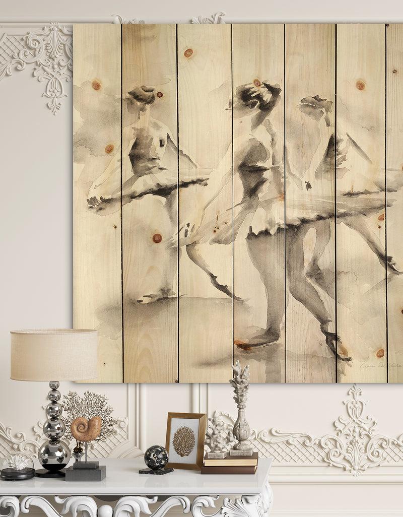 DesignQ watercolors Ballerinas Dance I - French Country Print on Natural Pine Wood