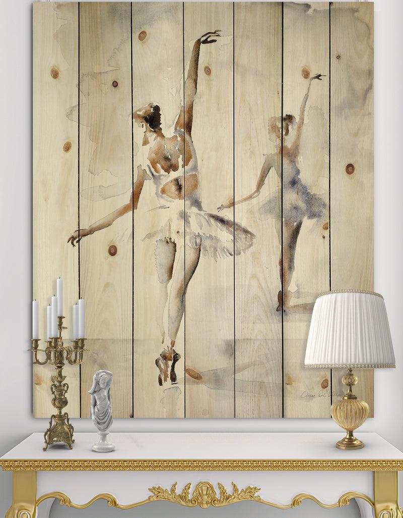 DesignQ watercolors Ballerinas Dance II - French Country Print on Natural Pine Wood