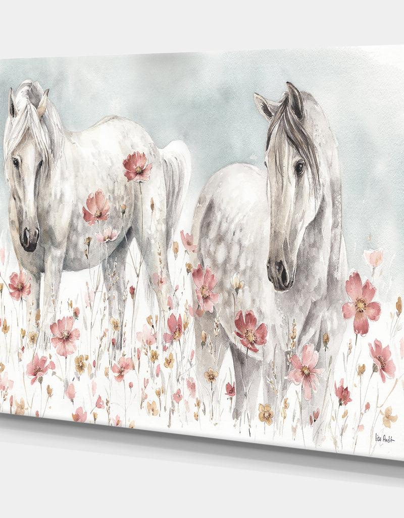 DesignQ Watercolors Pink Wild Horses - Farmhouse Premium Canvas Wall Art