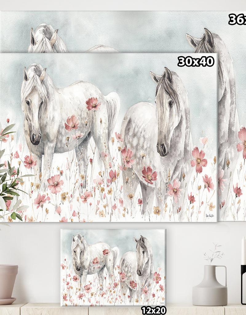 DesignQ Watercolors Pink Wild Horses - Farmhouse Premium Canvas Wall Art