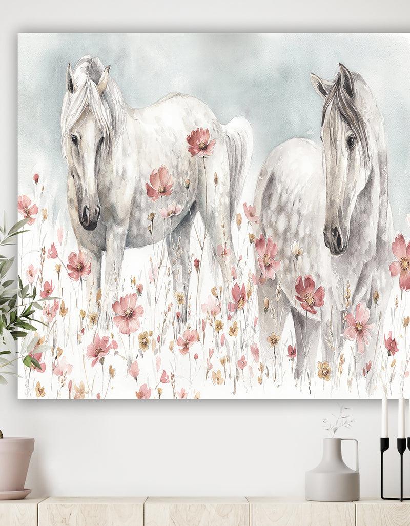 DesignQ watercolors Pink Wild Horses - Farmhouse Premium Canvas Wall Art