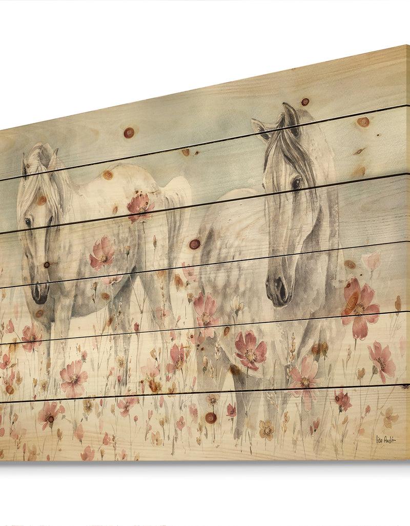 DesignQ Watercolors Pink Wild Horses - Farmhouse Print On Natural Pine Wood