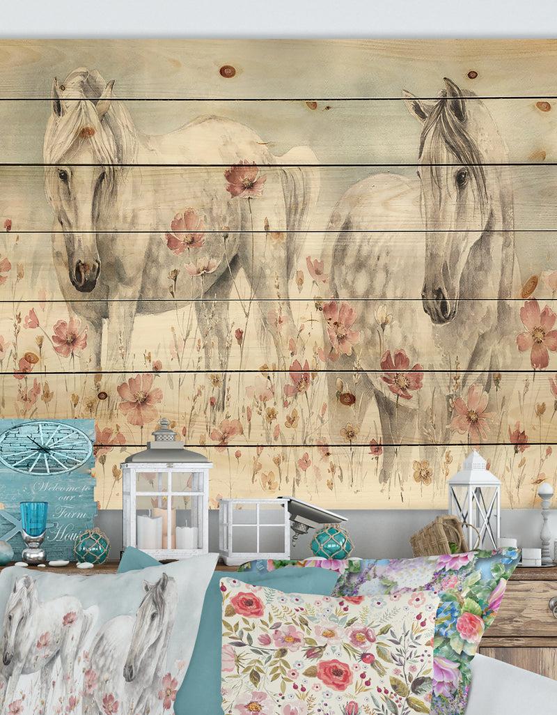 DesignQ watercolors Pink Wild Horses - Farmhouse Print on Natural Pine Wood
