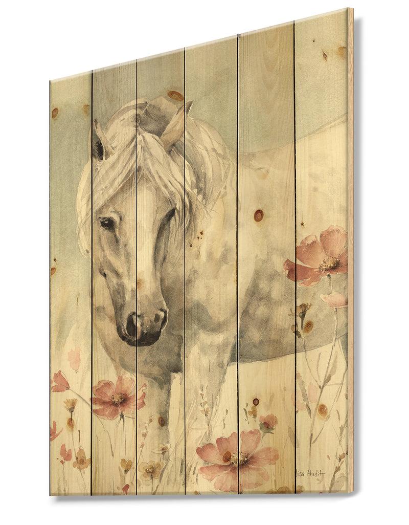 DesignQ Watercolors Pink Wild Horses I - Farmhouse Print On Natural Pine Wood