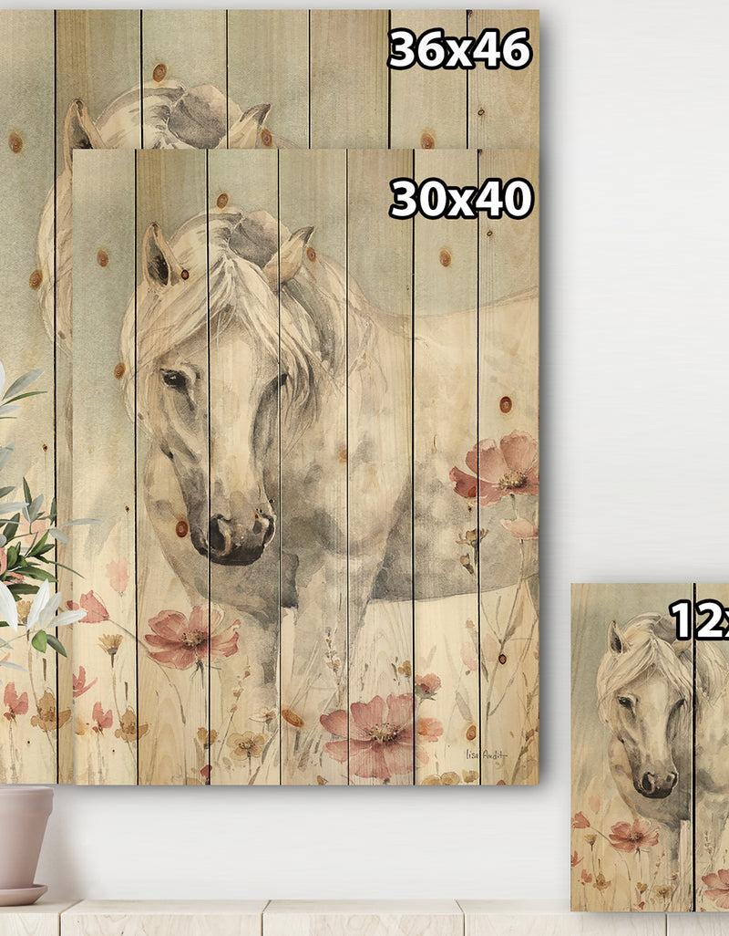 DesignQ Watercolors Pink Wild Horses I - Farmhouse Print On Natural Pine Wood