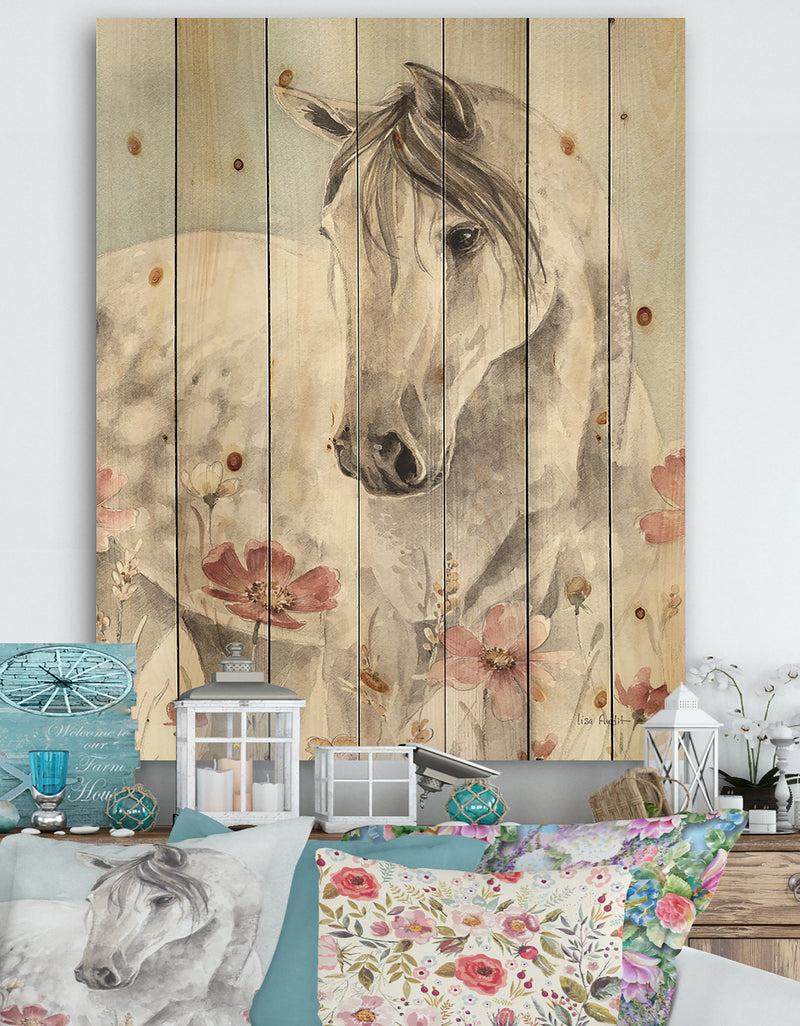 DesignQ watercolors Pink Wild Horses II - Farmhouse Print on Natural Pine Wood