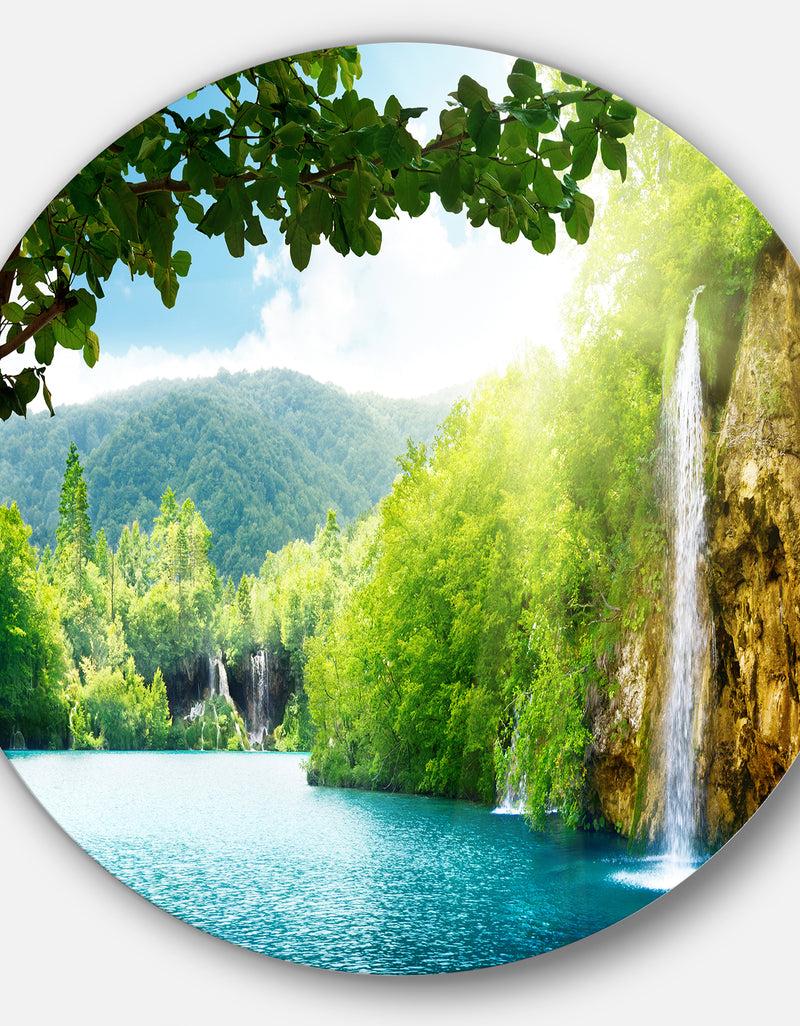 DesignQ Waterfall In Deep Forest - Landscape Photography Circle Wall Art