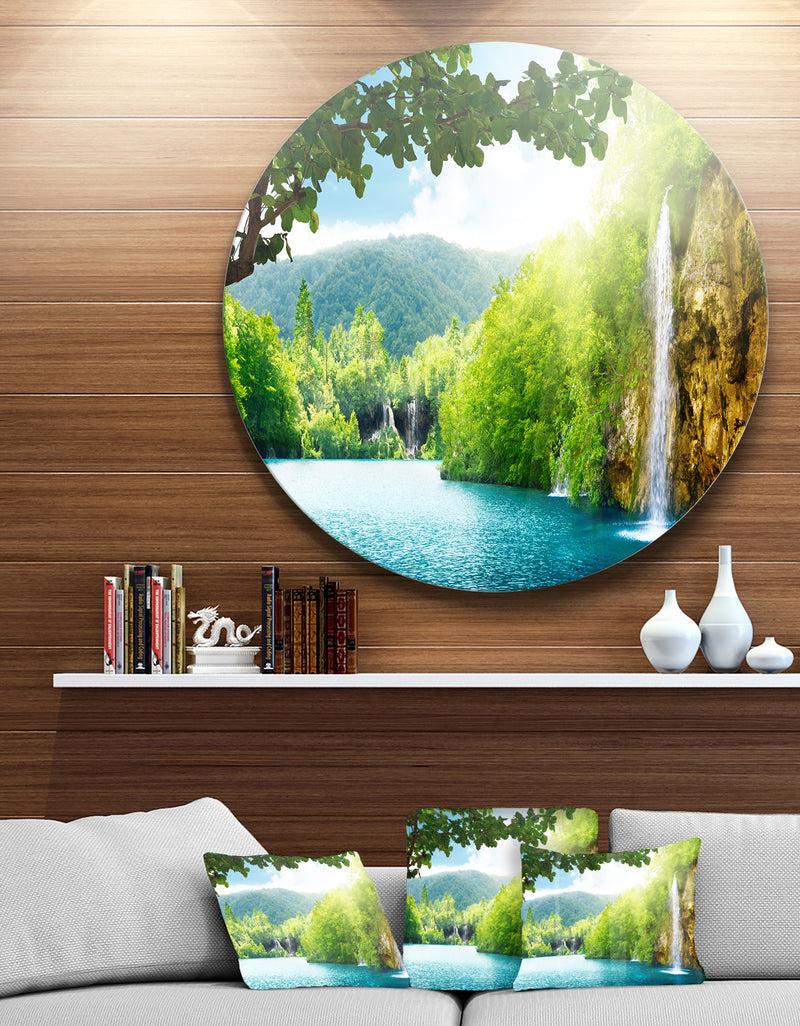 DesignQ Waterfall in Deep Forest - Landscape Photography Circle Wall Art