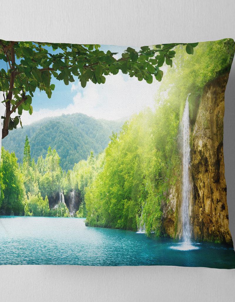 DesignQ Waterfall In Deep Forest - Landscape Photography Throw Pillow