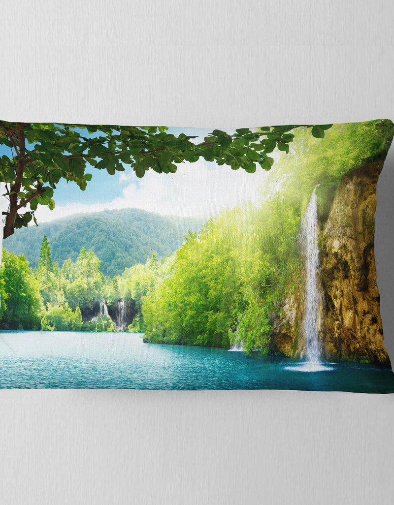 DesignQ Waterfall In Deep Forest - Landscape Photography Throw Pillow