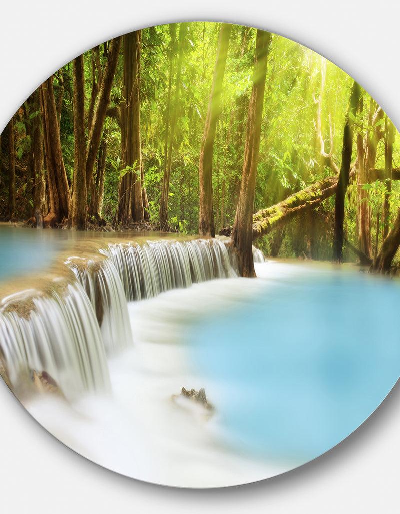 DesignQ Waterfall Of Huai Mae Kamin - Landscape Round Metal Wall Art