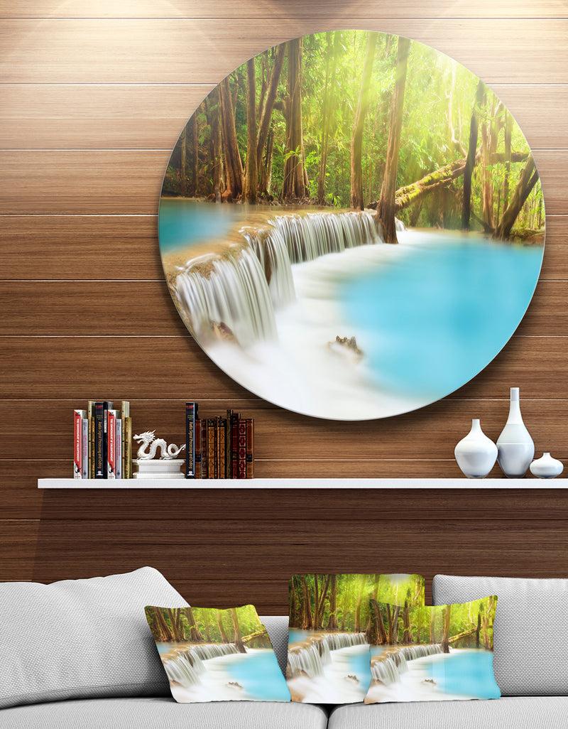 DesignQ Waterfall of Huai Mae Kamin - Landscape Round Metal Wall Art
