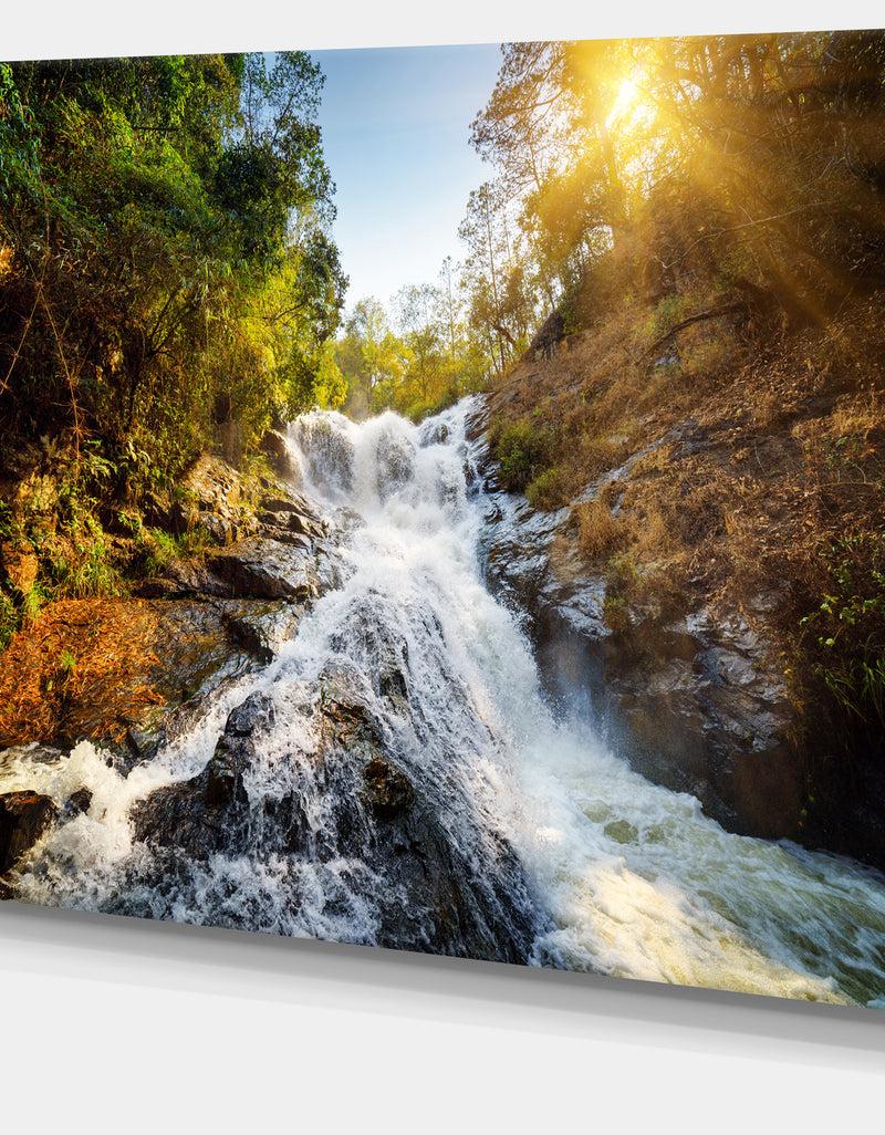 DesignQ Waterfall Through The Forest - Extra Large Landscape Canvas Art Print