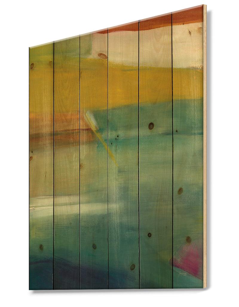 DesignQ Waterpainting Impression Of Indigo And Green - Modern & Contemporary Print On Natural Pine Wood