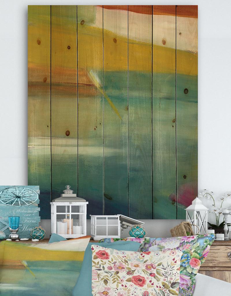 DesignQ Waterpainting Impression of Indigo And Green - Modern & Contemporary Print on Natural Pine Wood