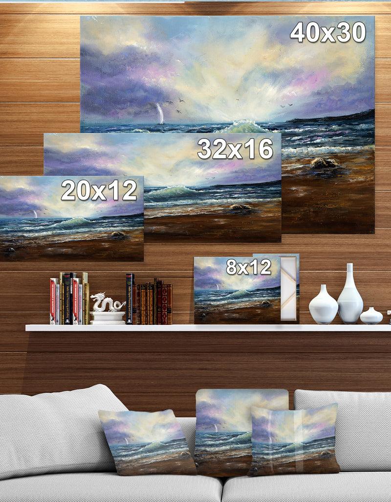 DesignQ Waves at Ocean Sea Shore - Sea & Shore Painting Print on Wrapped Canvas