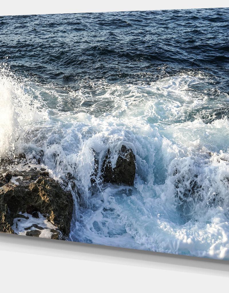 DesignQ Waves Breaking On Stony Beach - Contemporary Seascape Art Canvas