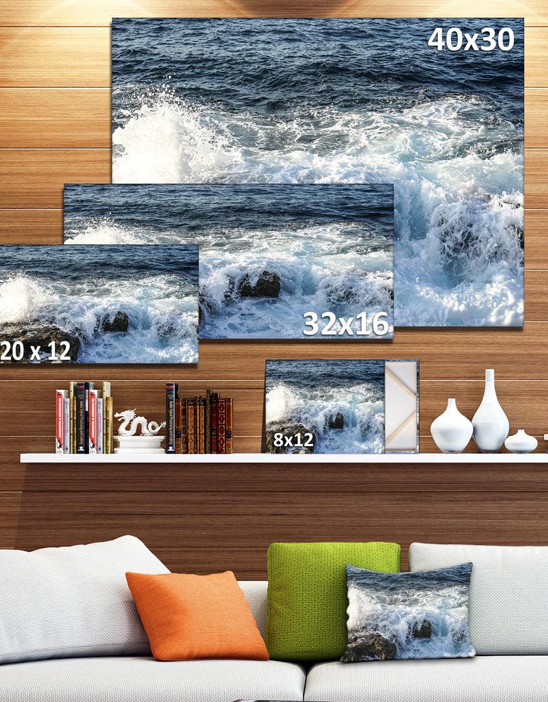 DesignQ Waves Breaking On Stony Beach - Contemporary Seascape Art Canvas