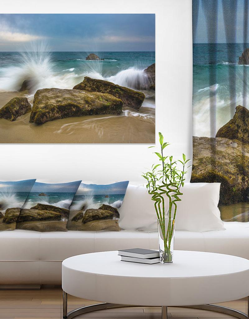 DesignQ Waves Crashing Rocks at Woods Cove - Seashore Canvas Wall Art