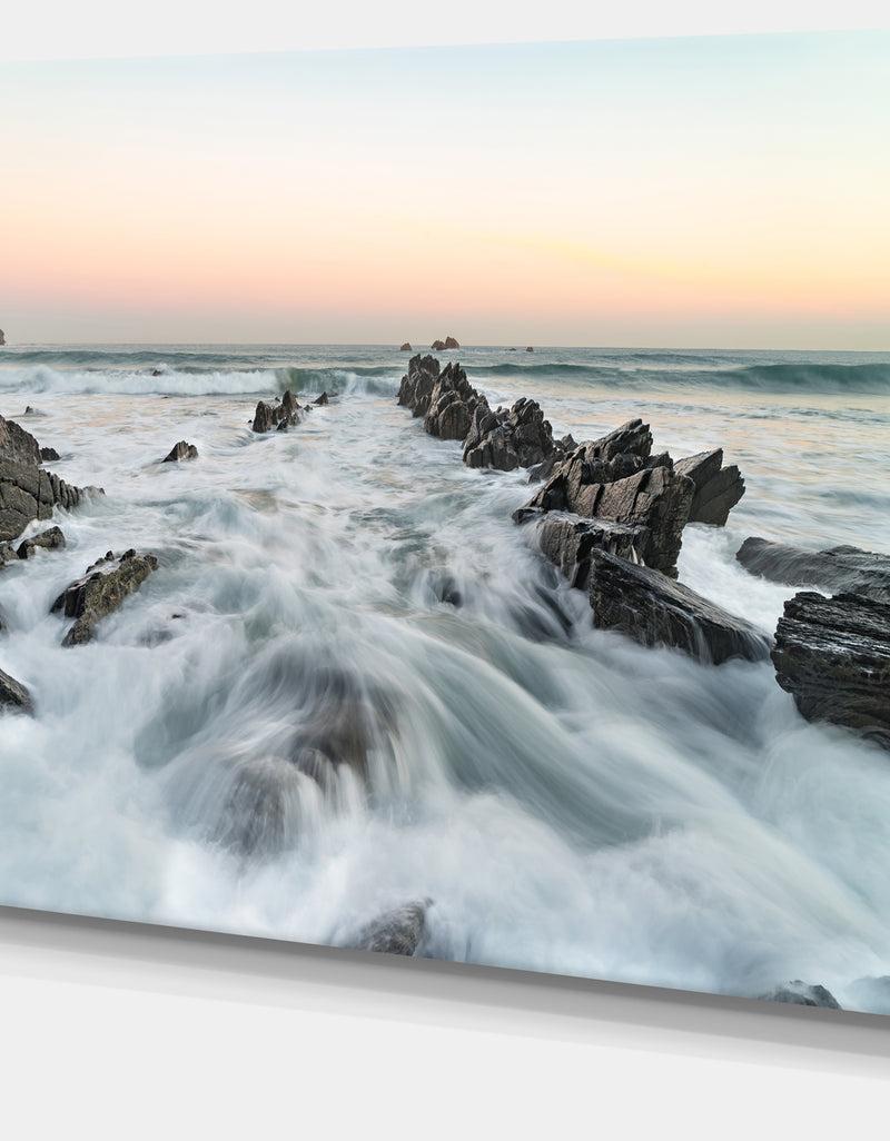 DesignQ Waves Hitting Beach At Sunrise Atlantic - Contemporary Seascape Art Canvas