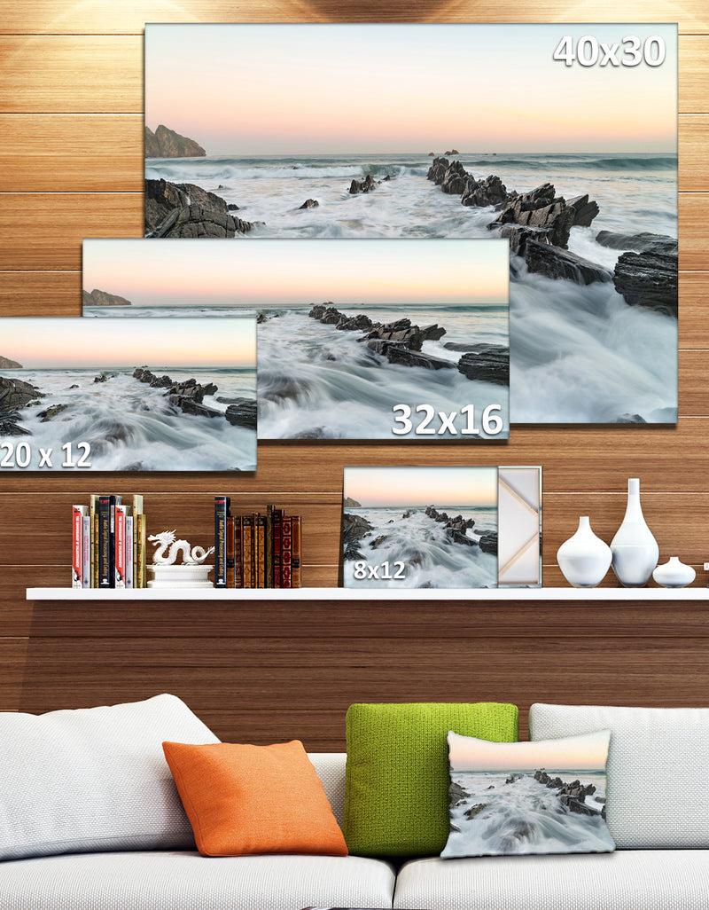 DesignQ Waves Hitting Beach At Sunrise Atlantic - Contemporary Seascape Art Canvas